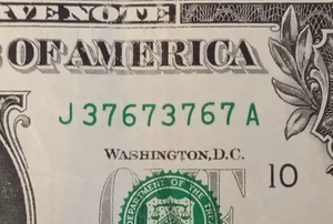 2021 $1 Bill Quad Repeater J 37673767 A Fancy Serial Number Alternator (7) - Picture 1 of 5