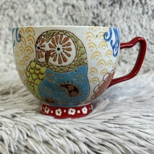 Dutch Wax Coastline Imports Becher Tasse handbemalt geprägt Eule Blumen bunt - Bild 1 von 8