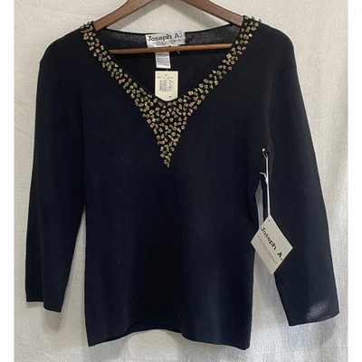 Joseph A Black Embellished V Neck Sweater Medium NWT Stone Beaded Knit Top - Image 1 of 4