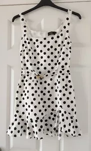 De La Vali Ladies White Black Polka Dots Belted Cotton Dress UK 8 - Picture 1 of 8
