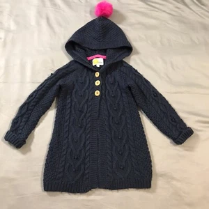 Mini Boden Cable Knit Cardigan Girls 4-5 Years Blue Hooded Button Front - Picture 1 of 13