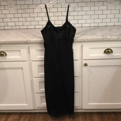 Vintage Black Full Slip Nightdress Womens Size 32" Silky Lace V Neck - Image 1 of 4
