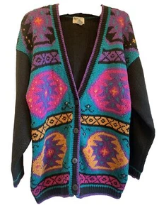 All Points by Reference Point Vintage Knit Geometric Sweater Cardigan Medium - Picture 1 of 7