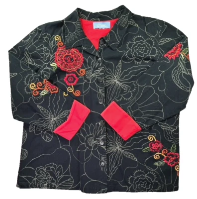 Liz & Me Denim Jacket Women 1X Embroidered Floral Asian Flip Cuff Boxy Unisex - Image 1 of 4