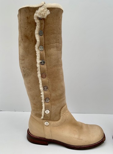 STIVALI ALTI CELINE BEIGE MARRONE PELLE CAMOSCIO E MONTONE BOTTONI ARGENTO EU 36 5