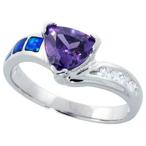 Fine Women Silver Rhodium Plated Simulated Opal Inlay Ring Violet Purple 9mm - Picture 1 of 1