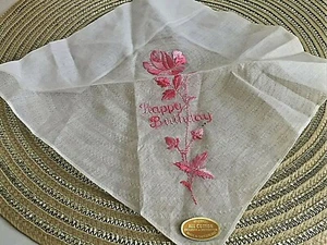 Vintage Handkerchief Embroidered HAPPY BIRTHDAY  PINK Cotton Switzerland Label - Picture 1 of 9