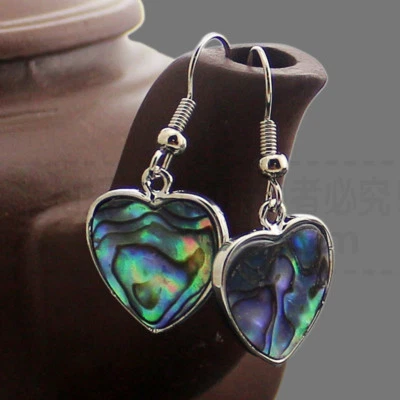 Heart Shaped Natural Handmade Abalone Shell Gemstone Silver Dangle Hook Earrings - Image 1 of 4