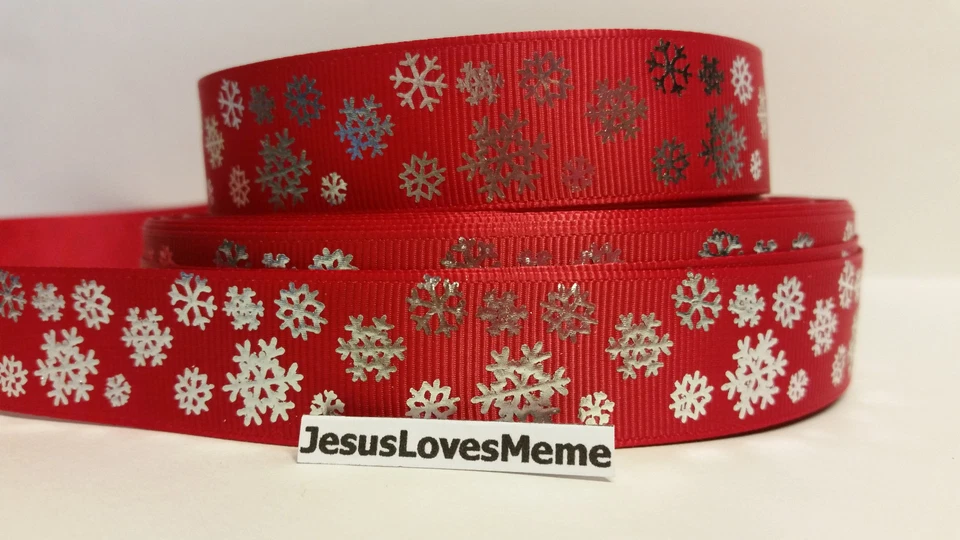 Grosgrain Ribbon, Christmas Foil Snowflakes on Red, Merry Christmas Snowing 7/8" - Image 1 of 1