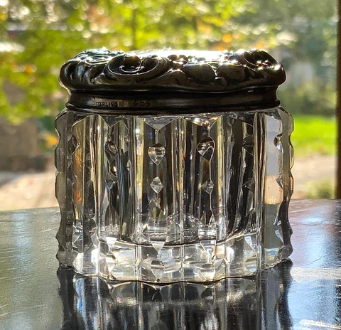 American Brilliant Period Cut Glass & Sterling Repousse Notch Pill Box #464 Cover