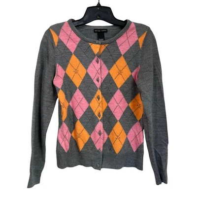 NY & Co Argyle Cárdigan Gris Rosa Naranja Preppy Suéter Abotonado Talla M Foto 1 de 4