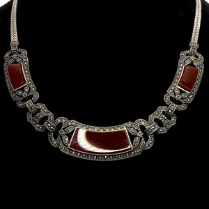 Antiguo collar Art Deco de plata de ley 925 cornalina y marcasita 16,5" - Imagen 1 de 11