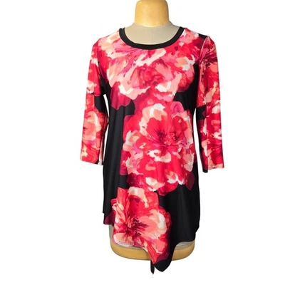 Sunny Leigh Womens Large Tunic Top Floral Asymmetric Hem Artsy Stretch Knit Chic - Image 1 of 4
