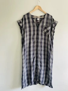 Poetry 100% Linen Dress Midi Shirt Oversized Grey Check Chore Relaxed Uk 16 - Picture 1 of 11