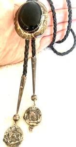 Vintage Navajo schwarze Onyx geflochtene Leder-Bolokrawatte - Bild 1 von 9