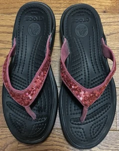 Womens Crocs Black And Pink Thong Flip Flop Size 7 Embellished Sparkle Sandals - Picture 1 of 10