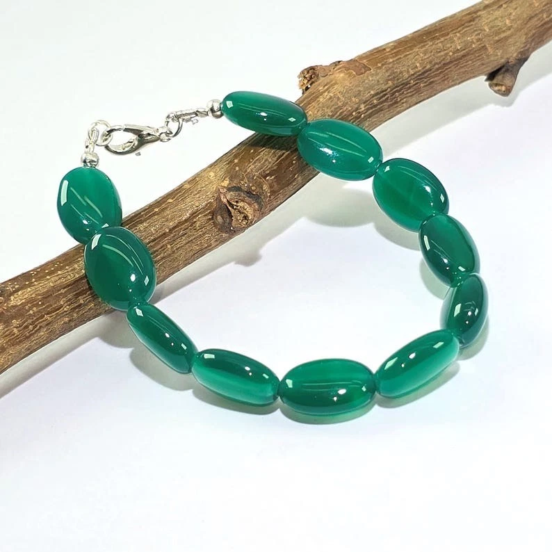 Brazalete Natural AAA++ Ónix Verde Suave Ovalado Piedras Preciosas Cuentas 6-8"" Hombres y Mujeres Foto 1 de 1