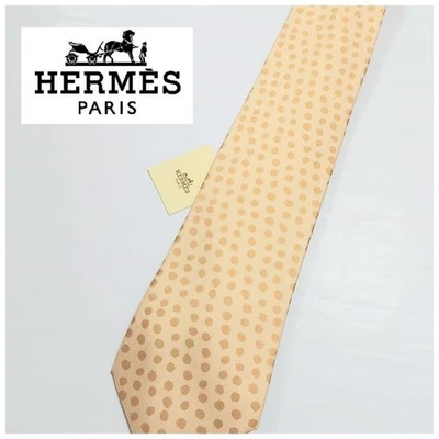 HERMES Nueva Corbata Cuello Sin Usar Ancha Beige Rosa Lunares 100% Seda Hecha en Francia Foto 1 de 4
