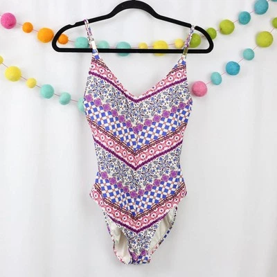 Traje de baño La Blanca púrpura floral a rayas de una pieza cuello en V celosía espalda talla 6 Foto 1 de 4