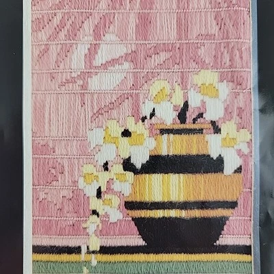 Floral Needlepoint Kit Pink Pottery Vase Long Stitch Orchid Palm Roger Reinardy - Image 1 of 4