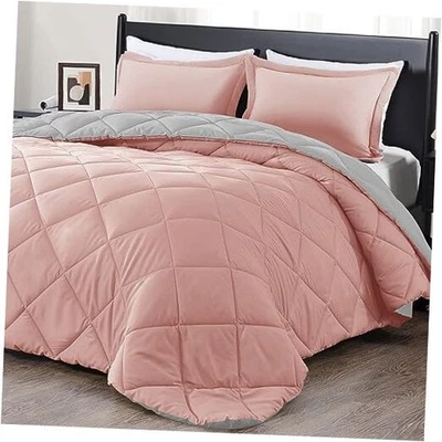  Juego de edredón - Edredón rosa y gris, ropa de cama suave queen rosa melocotón/gris Foto 1 de 4