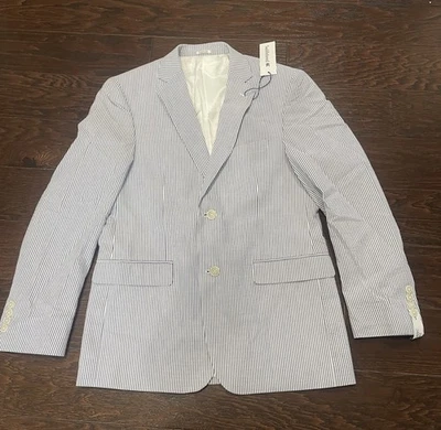 Abrigo deportivo Saddlebred Seersucker a rayas azul blanco para hombre talla 38R. NUEVO Foto 1 de 4