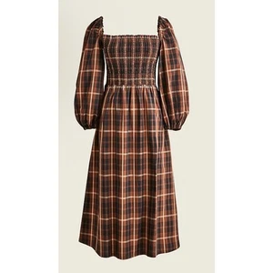 J.Crew gesmoktes braun kariertes Midikleid mit Puffärmeln S - Bild 1 von 10