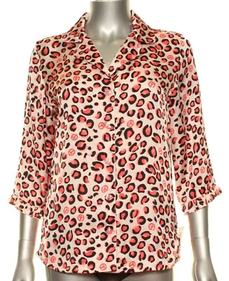 Jenni Intimates Pajama Lounge Satin Button-Up Top Pink Black Animal Print M NWT - Image 1 of 3