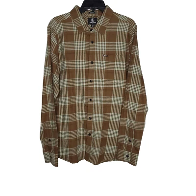 Volcom Mens Brown Caden Button Up Plaid Flannel Shirt SZ Large L L/S Modern Fit - Image 1 of 4