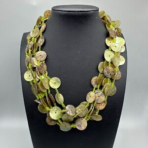 Green Shell Necklace Multi Strand Boho Round Button Tropical Beachy Lightweight