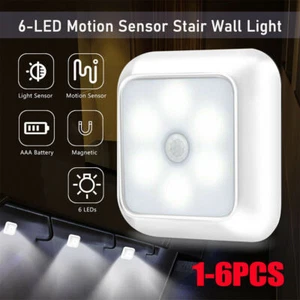 6 LED Motion Sensor Lights PIR Wireless Night Light Battery Cabinet Stair Lamp - Picture 1 of 15