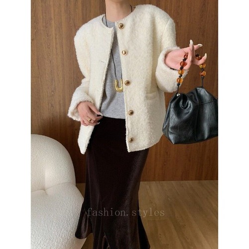 OFF WHITE Giacca cappotto donna corto monopetto girocollo misto lana pile primavera nuovo