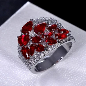 18k White Gold Filled Lab Red Garnet Gemstone Ring Designer Inspired Jewelry - Picture 1 of 15