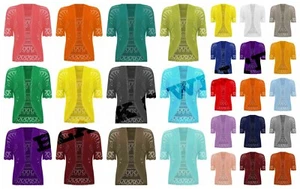 New Womens Crochet Knitted Short Sleeve Shrug Ladies Cardigan Bolero Top UK Plus - Picture 1 of 25