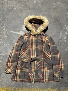 Vintage Plaid Autumn Fall Fur Hooded Jacket Size 18 1/2 - Picture 1 of 19