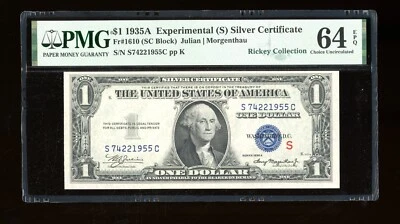 DBR 1935-A $1 Silver Experimental (S) Fr. 1610 PMG 64 EPQ Serial S74221955C - Image 1 of 2