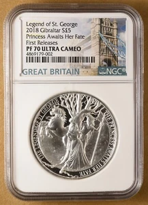 2018 Gibraltar Silver 5 Pounds Legend of St George 'Princess' NGC PF 70 Ult Cam - Picture 1 of 2