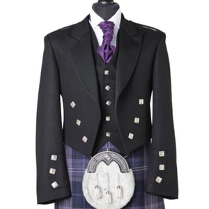 Scottish Men's Prince Charlie Jacket With 5 Button Vest Serge Wool Kilt Jacket - Picture 1 of 4