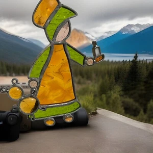 ✅ Vintage Stained Glass Suncatcher Girl With Teddy Bear Candle Handmade USA - Picture 1 of 13