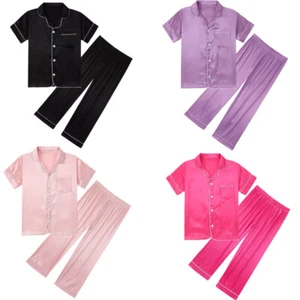 Pajamas Kids Pjs Set Girls Boys Silk Pijamas Set Satin Long Sleeve 2 Piece 5-14T - Picture 1 of 44