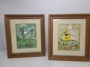 Vintage 70s Holly Hobbie Framed Golfing Pictures Set Of 2 - Picture 1 of 5