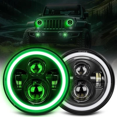 7" inch Round LED Headlights Green Halo DRL Beam for Jeep Wrangler JK LJ TJ CJ - Image 1 of 4