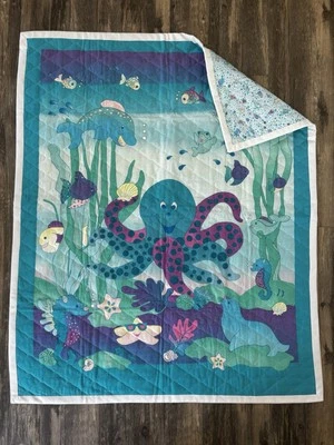 Manta colcha vintage años 90 bebé niño pez marino pulpo azul verde azulado púrpura Foto 1 de 4