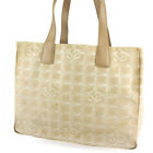 Chanel Tote Bag New Travel Line Beige Nylon Jacquard ?~ Leather Used T17620