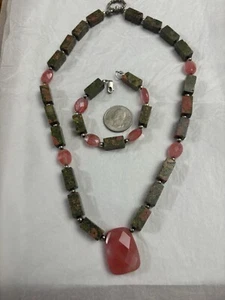 Natural Unakite Necklace Pendant Chunky Bracelet Combo Set - Picture 1 of 4