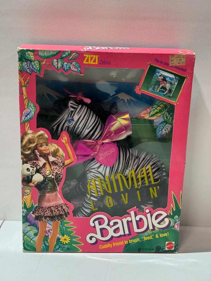 1988 ANIMAL LOVIN BARBIE SAFARI FUN CUDDLY FRIEND ZIZI ZEBRA 1393 MATTEL NEW - Image 1 of 4