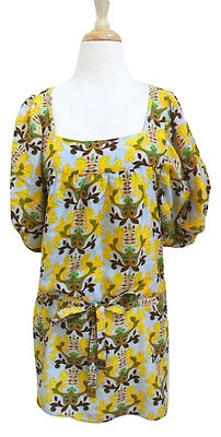 T BOLSAS Paisley Logo Estampado Túnica Vestido Manga Abullonada P XS Seda Algodón Gris Amarillo Foto 1 de 4