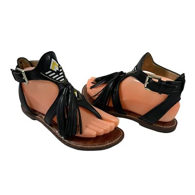 Sandalias Sam Edelman Giblin Zapatos Talla 6 Cuero Negro Flecos Borlas Bordado Foto 1 de 4