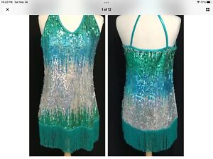 Weissman Adult Med Dance Costume Flapper Jazz Tap #9948 Emerald Halter Sequins