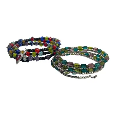 2 Glass Beaded Memory Wire Coiled Bracelets Multicolored Boho Silver Tone Cross - Image 1 of 4